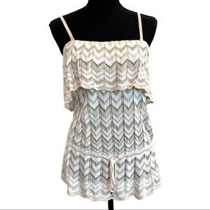 WHBM knit geometric print stretchy ruffle drawstring strapless gold ivory top S